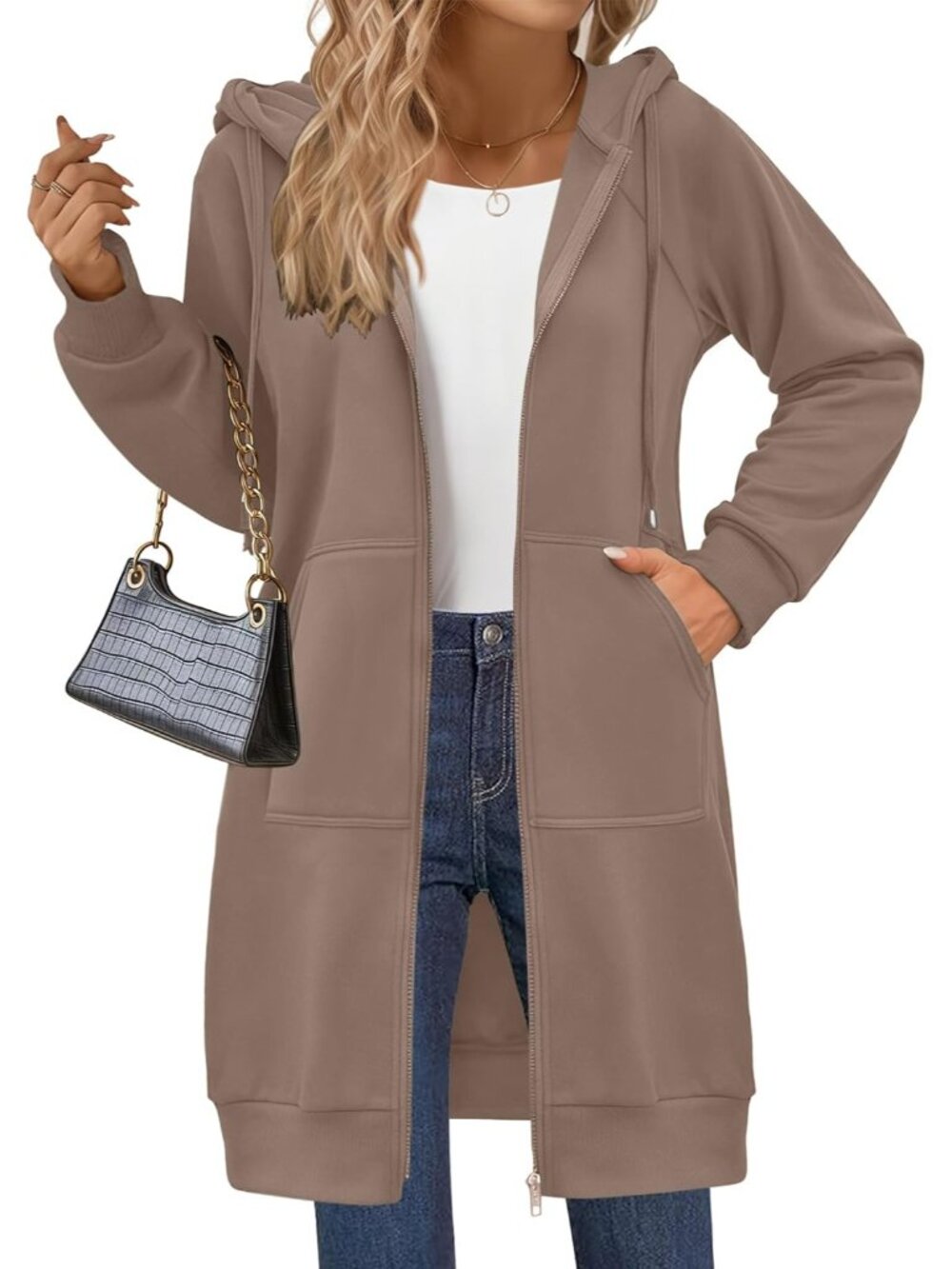 〽️Women's Coffee Grey Long Fleece Zip Up Tunic Hoodie Oversized Casual Jacket - Picture 2 of 6